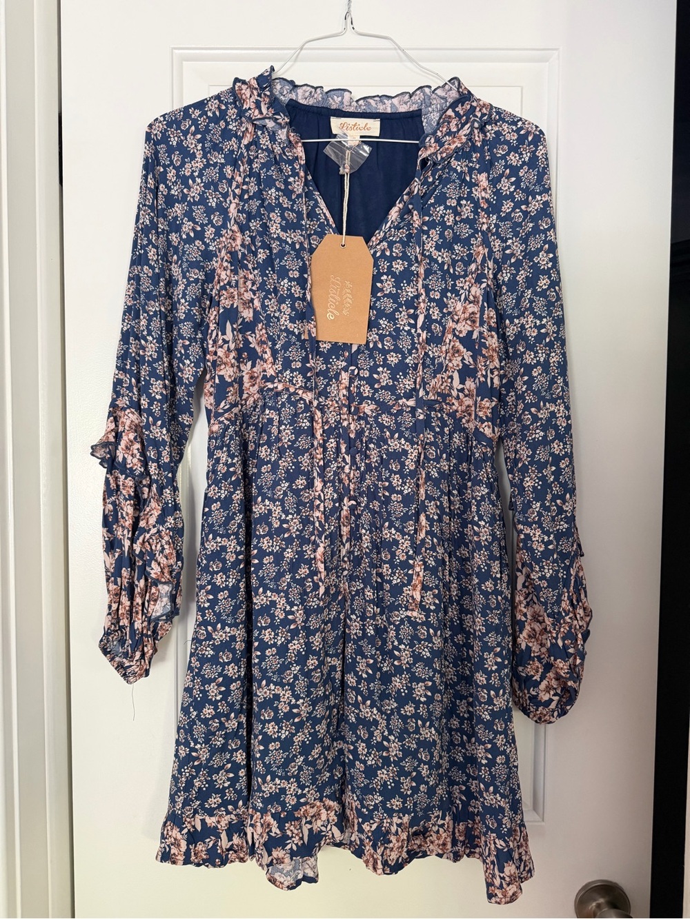 Listicle Dusty Blue and Tan Floral Long Sleeve Ruffle Dress